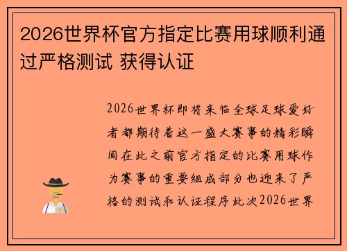 2026世界杯官方指定比赛用球顺利通过严格测试 获得认证