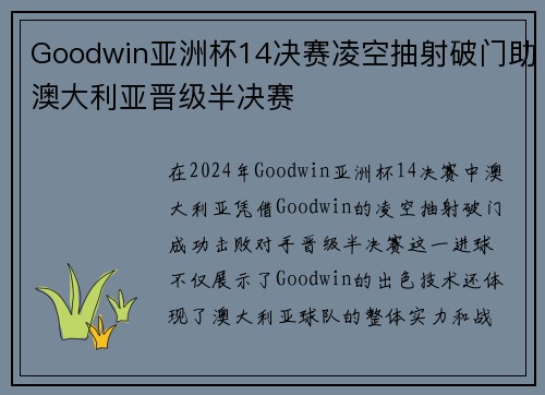 Goodwin亚洲杯14决赛凌空抽射破门助澳大利亚晋级半决赛