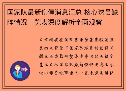 国家队最新伤停消息汇总 核心球员缺阵情况一览表深度解析全面观察